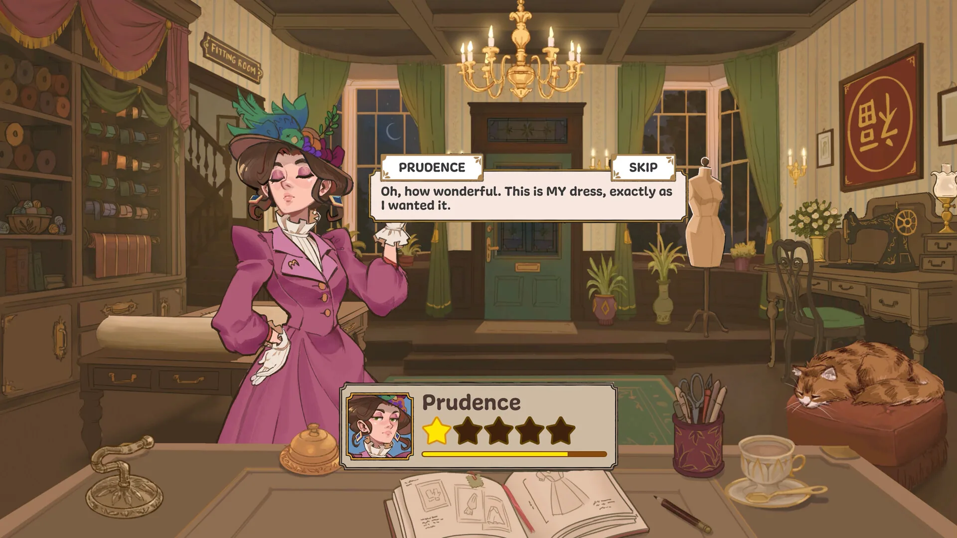 Prudence thanking the dressmaker at the shop counter