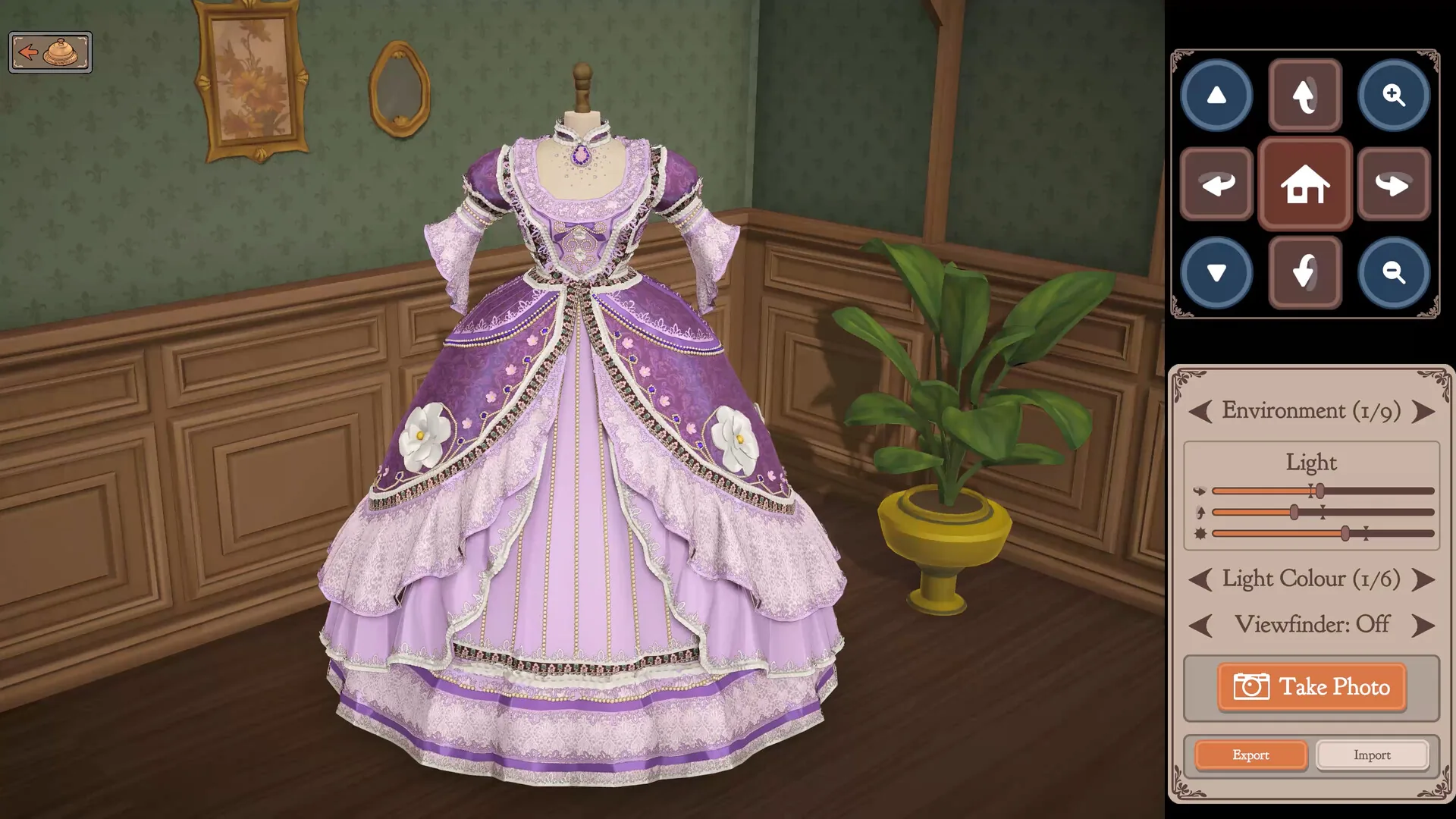 Dressmaker game: a finished purple gown with photo-mode rotation and lighting controls
