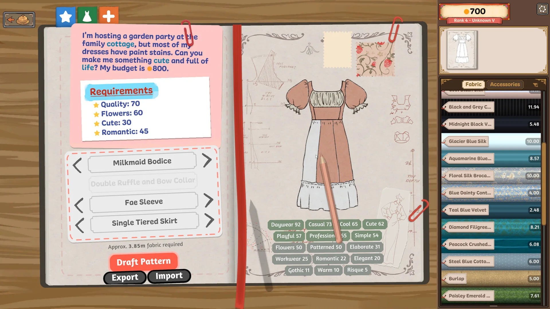 Dress sketchbook with a customer brief, pattern choices, fabric inventory, and Draft Pattern button