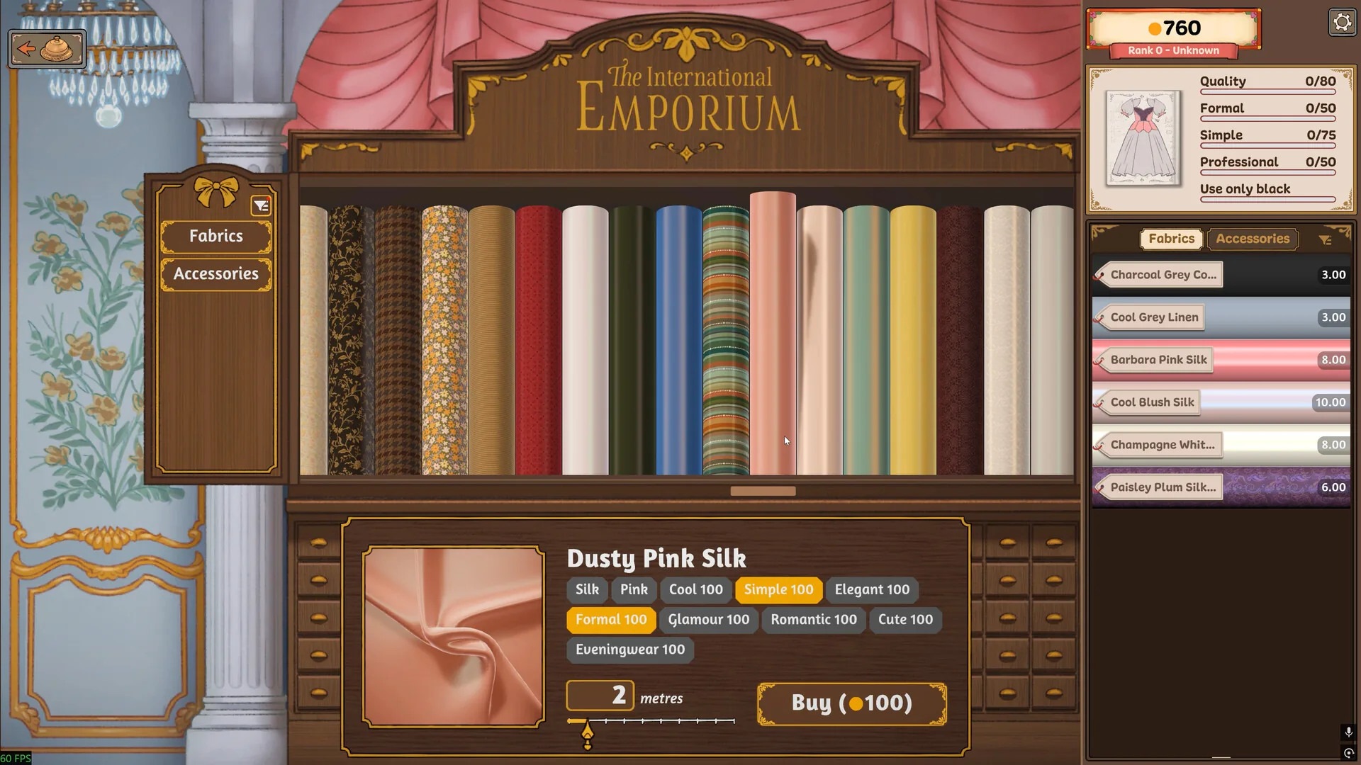 Fabric shop with coloured bolts, Dusty Pink Silk details, and a buy control